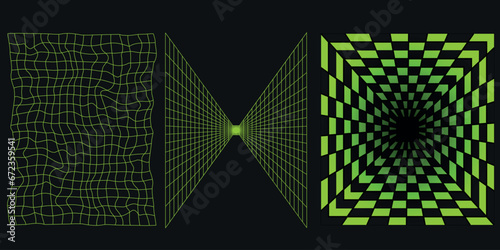 Rave psychedelic acid set  in trendy y2k style. Retro futuristic shapes, and patterns, wireframe, perspective grids and cyberpunk elements. Vector illustration