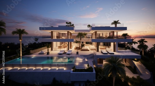 View from outside of enormous modern villa 8k, © Creative artist1