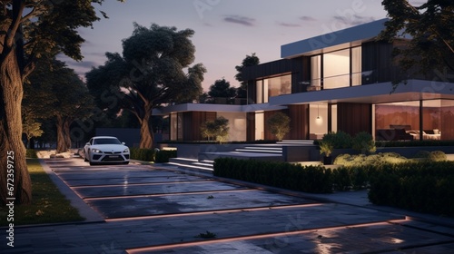 View of a modern suburban house exterior with road in foreground 8k, © Creative artist1