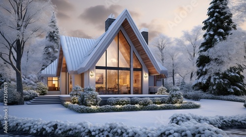 villa house, modern design private home and its garden in winter covered with snow. Entrance of house under snow. 8k, © Creative artist1