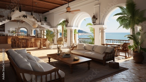 Villa interior with large sofa, table, chairs and balocny 8k,