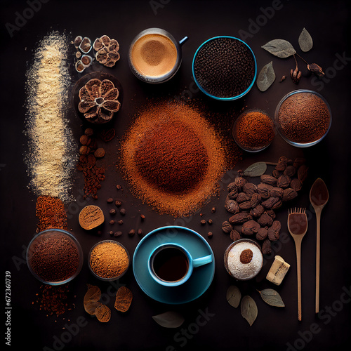 Various types of coffee with different Flavors. Top view of unique Coffee mugs and cups. dark background © Trendboyt