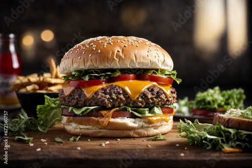 A Delicious Hamburger on a Rustic Wooden Cutting Board