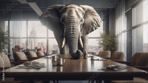 Elephant sitting at a table on executive meeting room.Generative AI