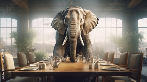 Elephant sitting at a table on executive meeting room.Generative AI