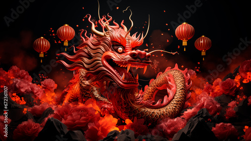 Happy Chinese new year 2024 the dragon zodiac sign with color elements on black color background.  © Shi 