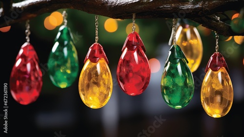  a group of multicolored glass tears hanging from a tree branch with a boke of lights in the background.  generative ai photo