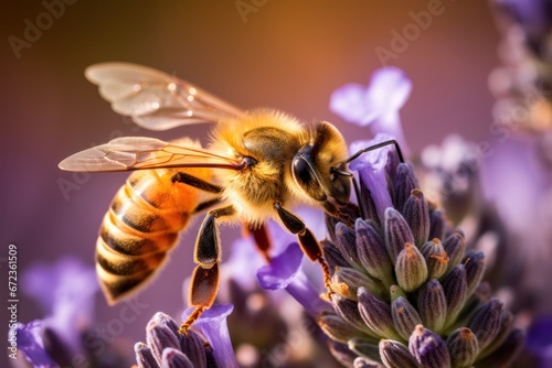 honey bee showcasing its intricate details, poised on a lavender sprig with a sunlit glow.