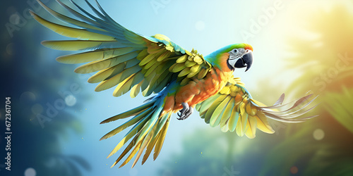 Spectacular Flight: A Magnificent Parrot Soaring through the Skies background ai generated photo