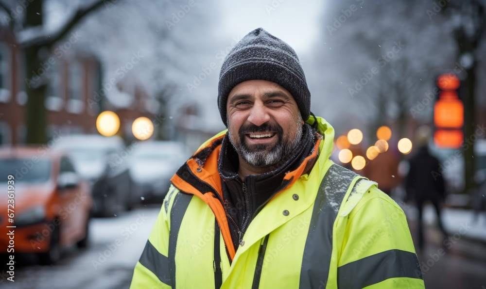 Smiling worker man wearing safety vest and winter clothes, looking at camera. Handsome male, outdoor portrait. Smiling worker man wearing safety vest and winter clothes, looking at camera. Handsome male, outdoor portrait.
