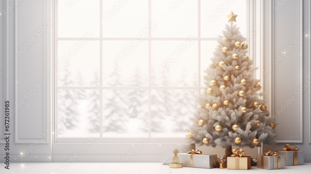 Jasne tło świąteczne na życzenia z ozdobioną choinką i z prezentami na Święta Bożego Narodzenia. Okno z widokiem na śnieżny krajobraz - obrazy, fototapety, plakaty 
