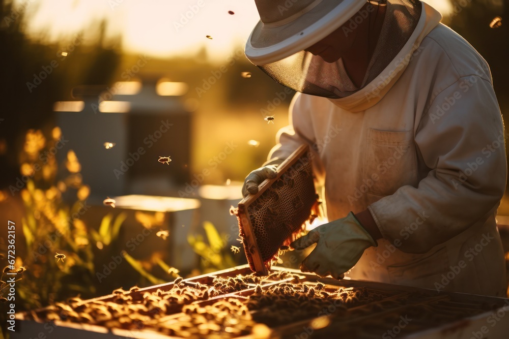 Golden hour capture of a dedicated beekeeper tending to hives amidst a swarm of bees Golden hour capture of a dedicated beekeeper tending to hives amidst a swarm of bees