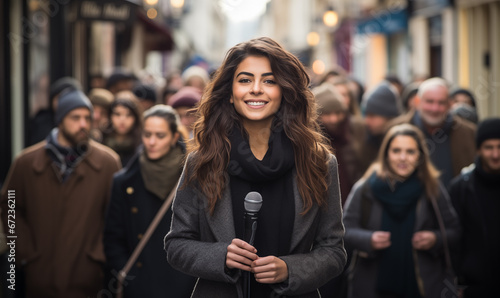 Portrait of a woman news reporter with microphone doing live piece to camera on the street. Young confident female TV reporter broadcasting live. People demonstrate in the rear of journalist.