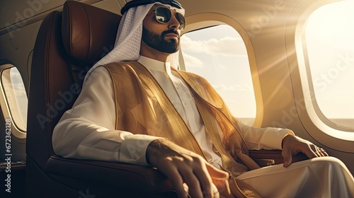 Young Arab sheikh flying in private jet. photo