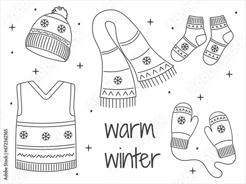 Winter hand drawn set clothes. Line Art Cozy warm clothes. Linear Vector sketch icon isolated on white