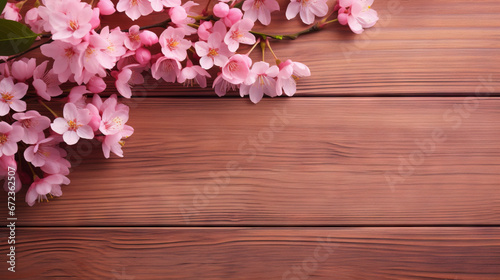  a bunch of pink flowers on a wooden table with space for text.  generative ai
