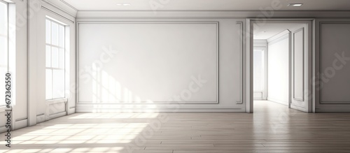 Empty interior design room with Shiny wooden parquet floor. AI generated image