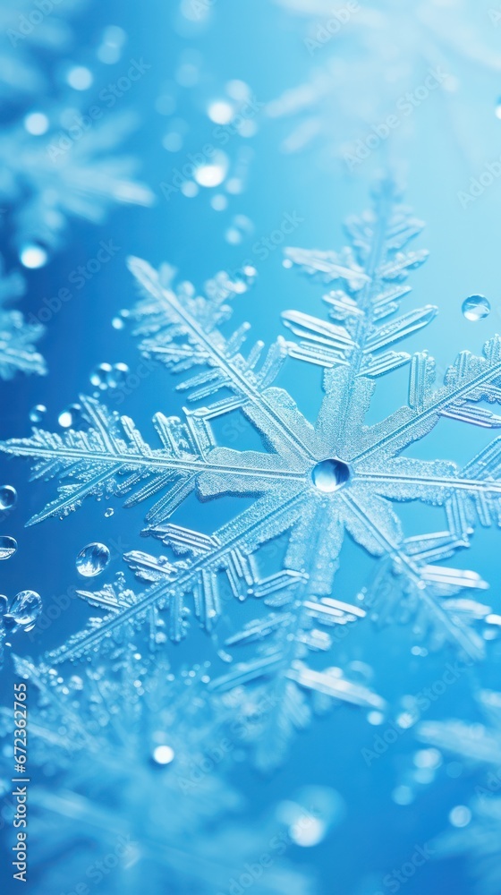 Close-up of intricate ice crystals with shimmering dewdrops on a serene blue background