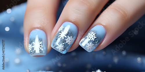 Embracing the Wintry Delight: Frost-Kissed Snowflake Sage Nails in an Enchanting Winter Wonderland, Unveiling Glamorous Nail Artistry background ai generated photo