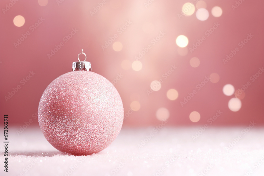 Christmas bauble pink on pink background with warm bokeh lights Christmas bauble pink on pink background with warm bokeh lights