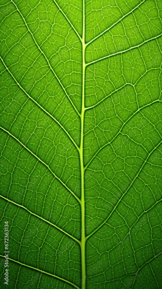 Obraz premium Magnified luminous green leaf, detailed vein structure texture, organic and ecological theme