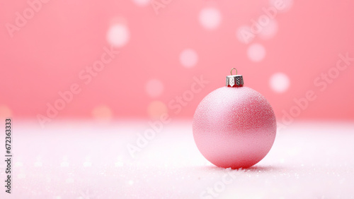 Christmas bauble pink on pink background with warm bokeh lights