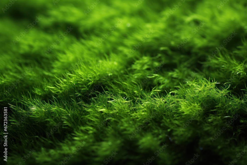 Fototapeta premium Close-up of vibrant green moss with delicate strands illuminated by soft light, natural background