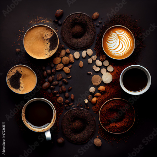 Various types of coffee with different Flavors. Top view of unique Coffee mugs and cups. dark background