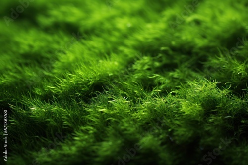 Close-up of vibrant green moss with delicate strands illuminated by soft light  natural background