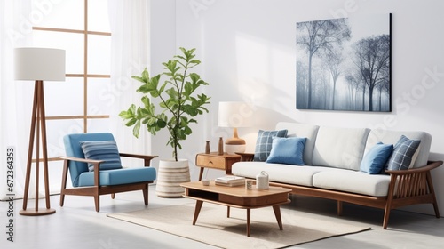 White living room with wood sofa, blue armchair, lamps, posters 8k,