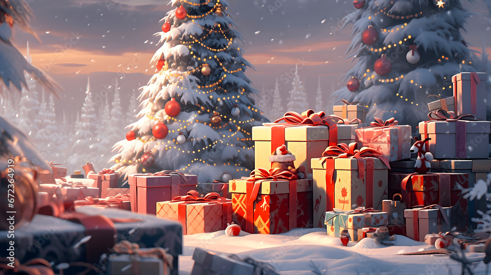 a Christmas tree surrounded by presents stands outside in the snow (Generative AI)