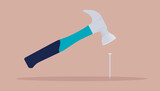Hammer and nail vector tool illustration - Simple graphic object hammering a common nail in side view flat design, with turquoise colour on beige background