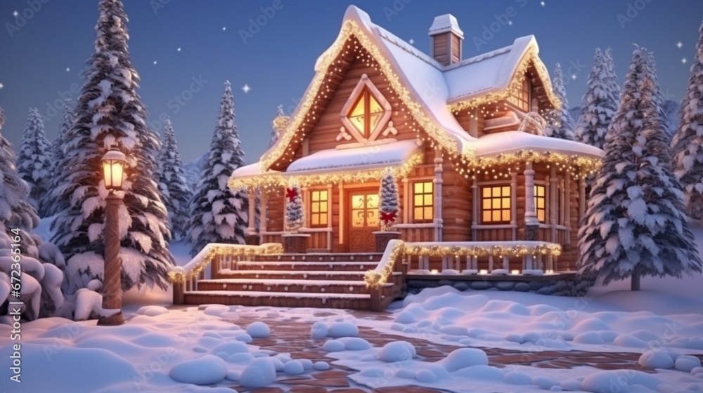 Wooden cottage with luminous garlands. Rent of country houses. Snow-covered trees around the house. New year's eve at the cottage. The house is decorated for Christmas. Christmas Illumination. 8k,
