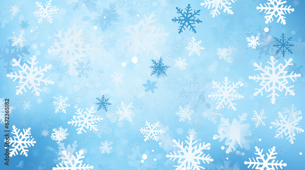 Błękitne zimowe świąteczne tło na baner, tapetę. Płatki śniegu, śnieżynki.  - obrazy, fototapety, plakaty 