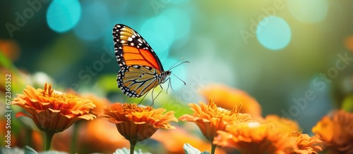 A vibrant butterfly resting on a vivid orange blossom