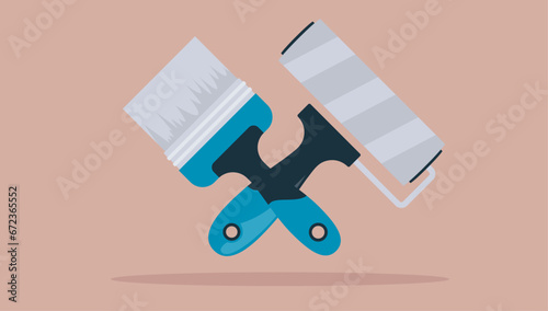 Paintbrush and paint roller tools vector - Illustration of painting job objects in side view flat design, with turquoise colour on beige background