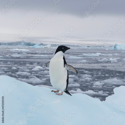 Adorable penguin perched atop a glistening iceberg in a tranquil ocean setting © Wirestock
