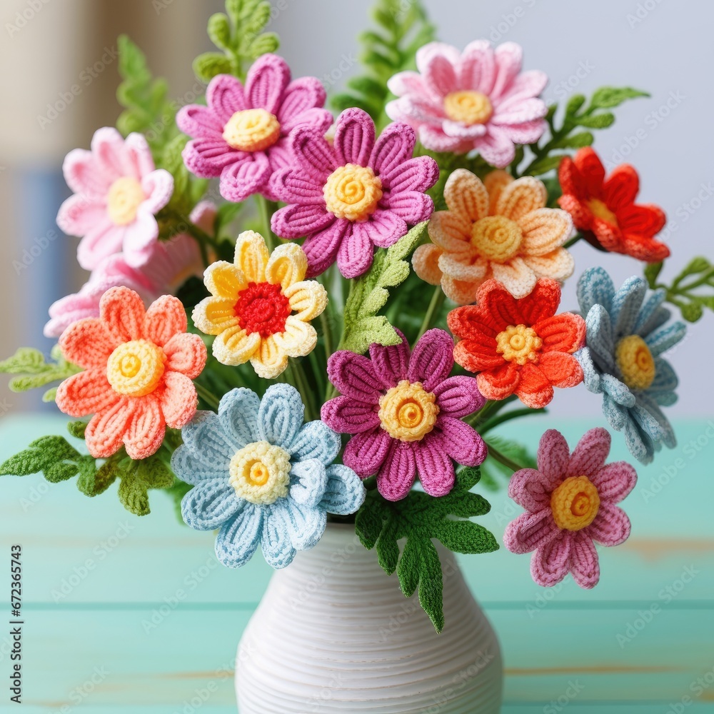 Crocheted flowers in a white vase Crocheted flowers in a white vase