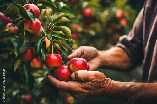 Agricultor recolectando manzanas