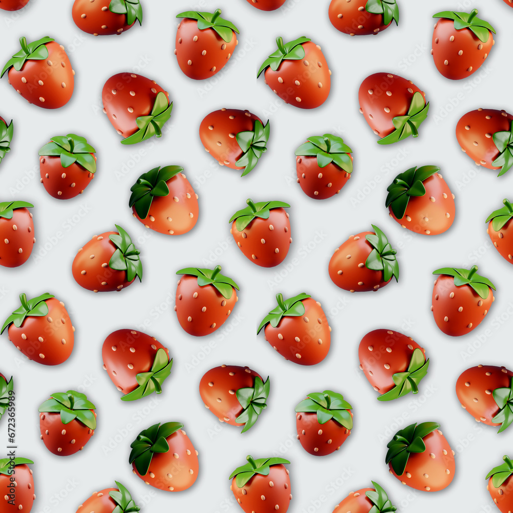 A charming seamless pattern featuring 3D strawberries with green leaves on a bright soft pastel backdrop. Illustration for stationary, apparel, textile, wrapping paper, bed sheets, tablecloth. A charming seamless pattern featuring 3D strawberries with green leaves on a bright soft pastel backdrop. Illustration for stationary, apparel, textile, wrapping paper, bed sheets, tablecloth.
