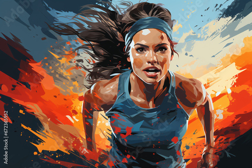 Focused runner in blue with fiery backdrop