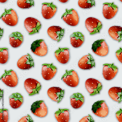 A charming seamless pattern featuring 3D strawberries with green leaves on a bright soft pastel backdrop. Illustration for stationary, apparel, textile, wrapping paper, bed sheets, tablecloth.