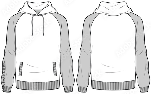 Raglan sleeve Hoodie jacket design flat sketch Illustration, Hooded sweater jacket with front and back view, winter jacket for Men and women. for hiker, outerwear and workout in winter photo