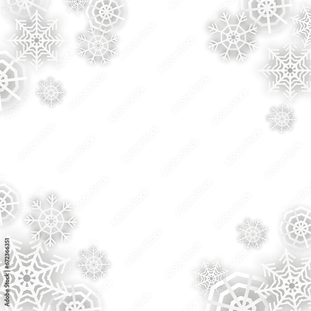Paper cut style white snowflakes frame on transparent background