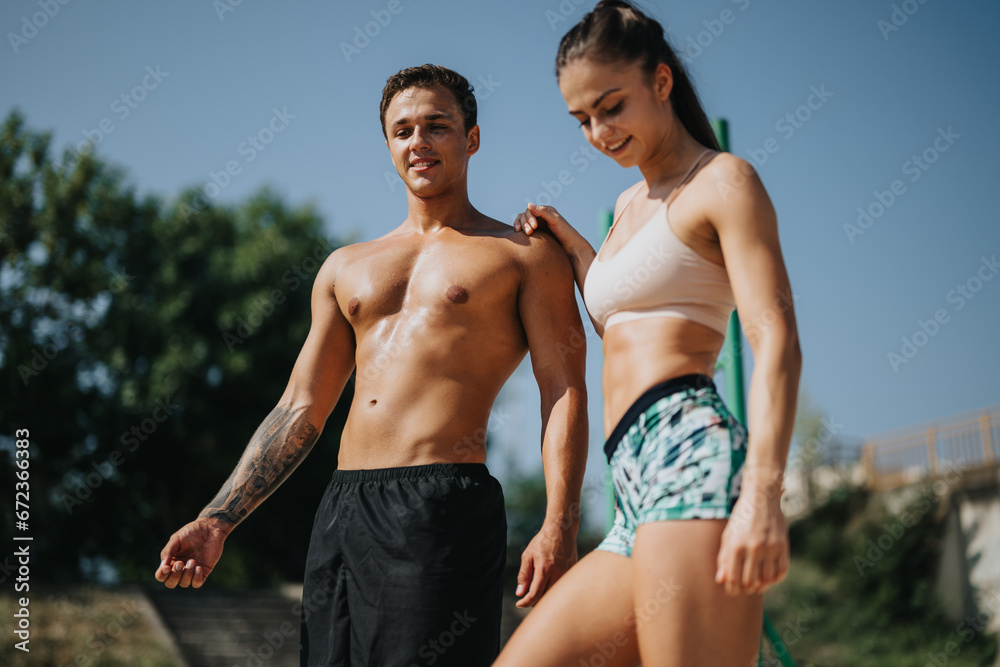 Athletes warm up in a sunny park, stretching and using a rope, preparing for their outdoor workout. They show persistence, motivation, and a dedication to fitness.
