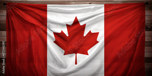 Close-Up Canadian Flag: A Detailed View of the National Flag of Canada with Textured Cloth Hanging on the Wall background  ai generated photo