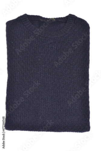 folded blue wool crewneck sweater with workmanship on a  white  background  