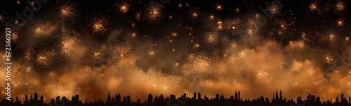 New year's eve Golden fireworsk over a city silhouette background. New Year celebration, Abstract holiday background