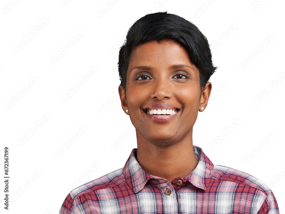 Happy, woman and portrait with makeup and confidence with a smile and modern fashion. Excited, trendy style clothing and female person from Pakistan isolated on a transparent, png background Happy, woman and portrait with makeup and confidence with a smile and modern fashion. Excited, trendy style clothing and female person from Pakistan isolated on a transparent, png background