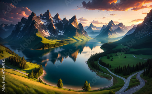 Beautiful landscape, mountains, rivers, sunset. AI